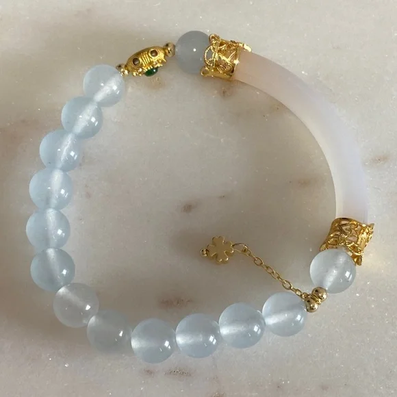 Natural White Agate & Aquamarine Half Bangle Bracelet - Handcrafted Artisan - Picture 6 of 8